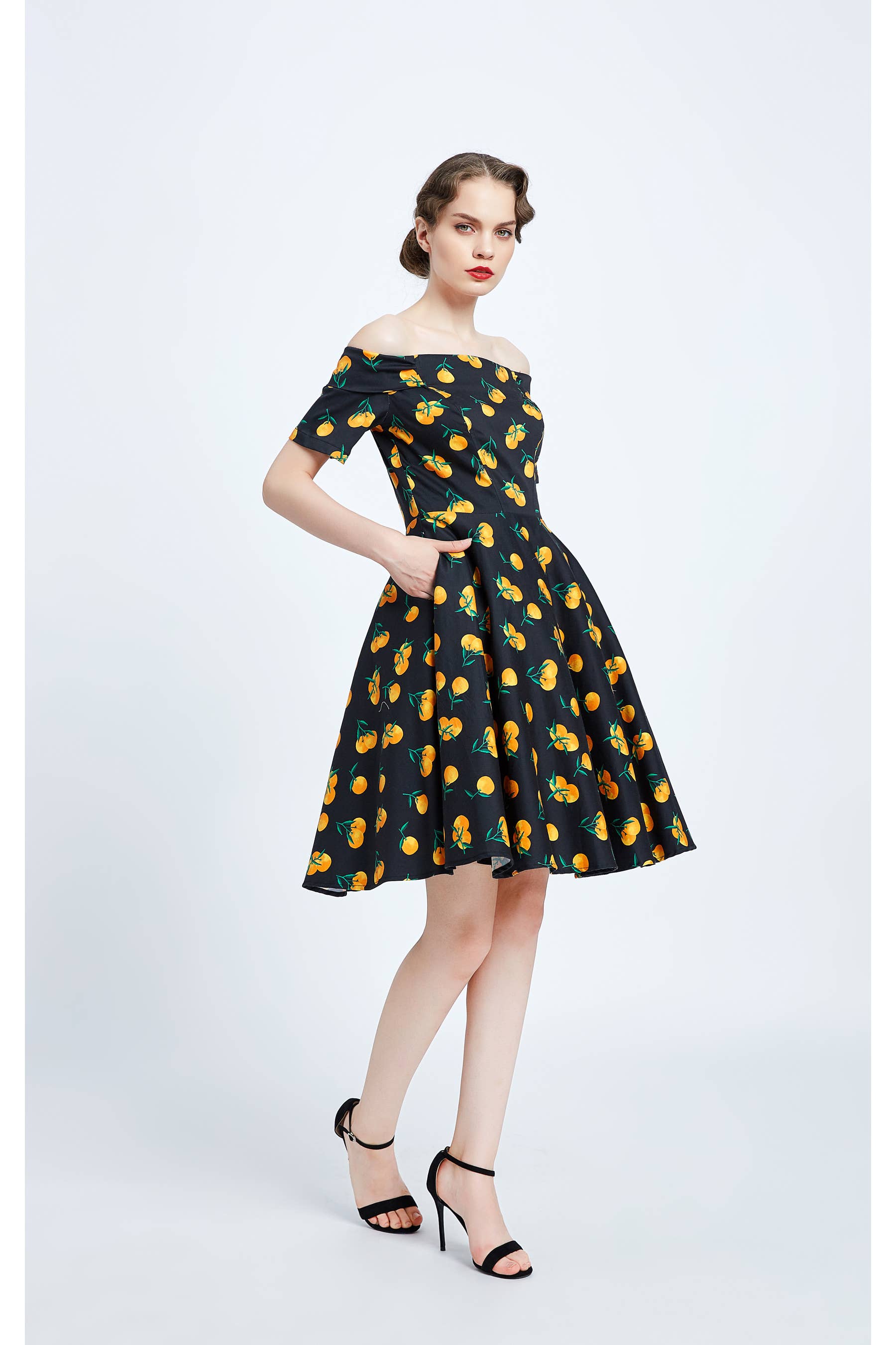 20324 | Kim | Fit & Flare Off-Shoulder Dress With Pockets: Black Orange