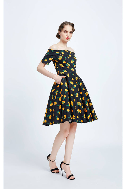 20324 | Kim | Fit & Flare Off-Shoulder Dress With Pockets: Black Orange / XS
