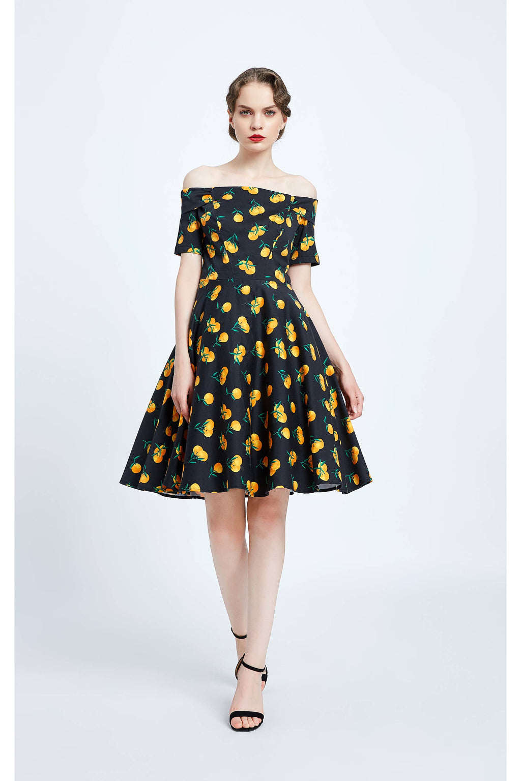 20324 | Kim | Fit & Flare Off-Shoulder Dress With Pockets: Black Orange