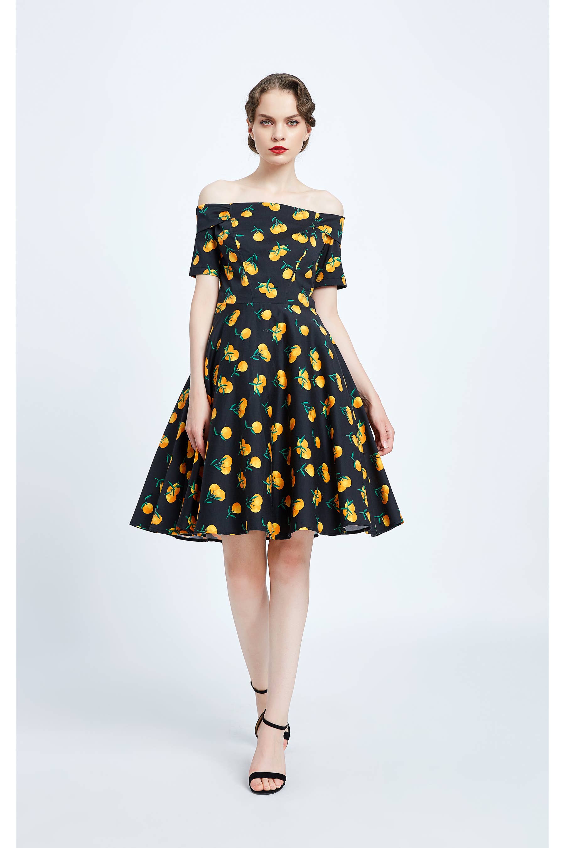 20324 | Kim | Fit & Flare Off-Shoulder Dress With Pockets: Black Orange