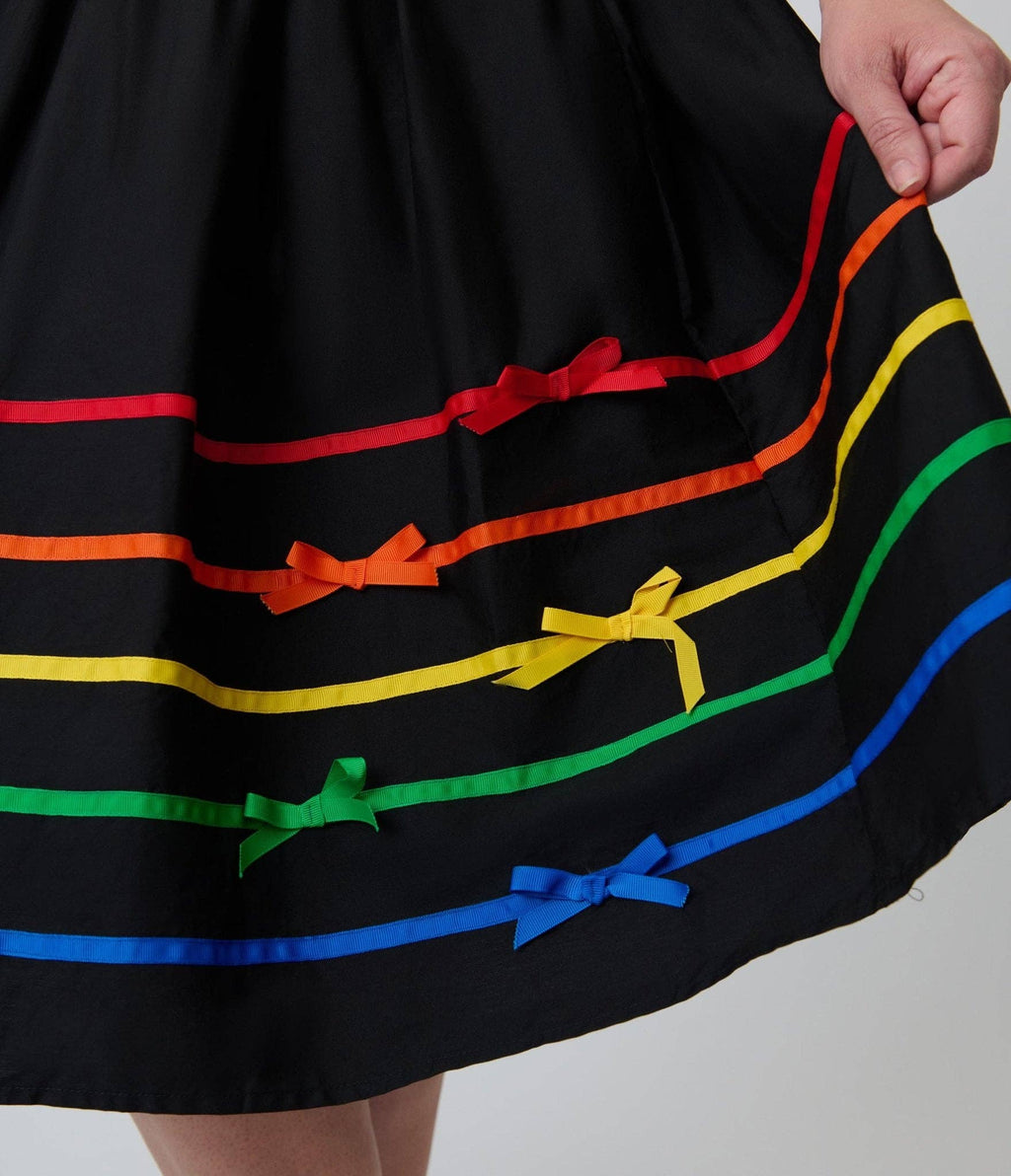 Unique Vintage Black & Rainbow Ribbon Bobbie Swing Dress