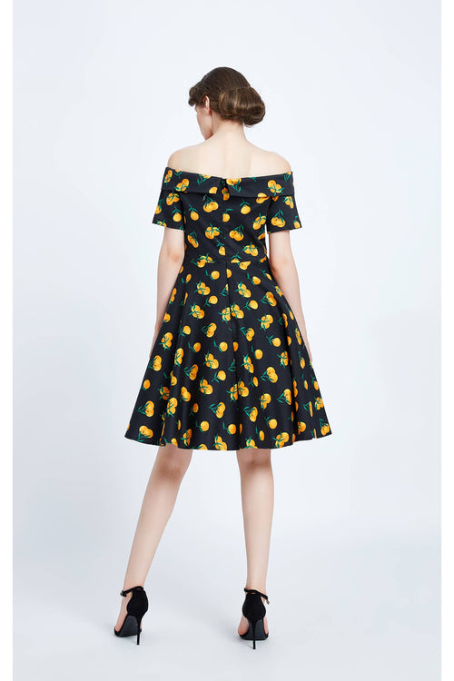 20324 | Kim | Fit & Flare Off-Shoulder Dress With Pockets: Black Orange