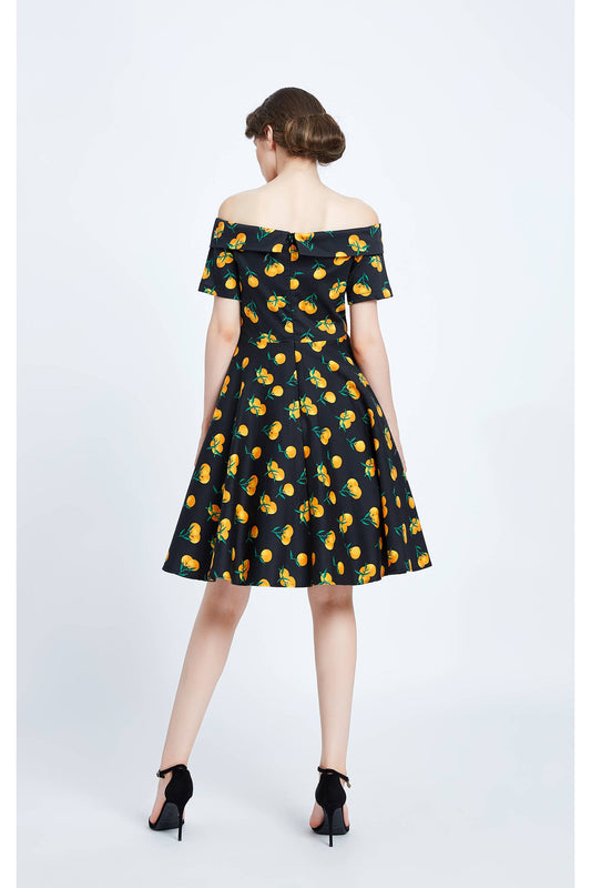 20324 | Kim | Fit & Flare Off-Shoulder Dress With Pockets: Black Orange / XS