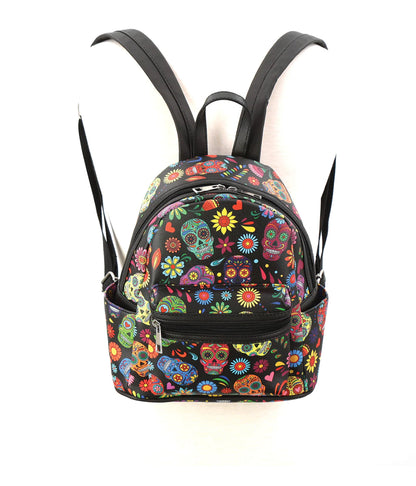 Floral Sugar Skull Head Collage Mini Backpack