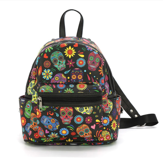 Floral Sugar Skull Head Collage Mini Backpack