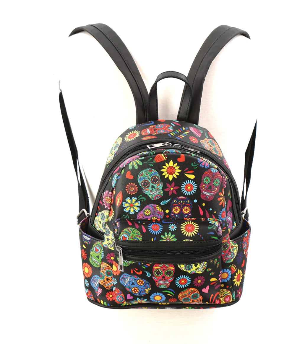 Floral Sugar Skull Head Collage Mini Backpack