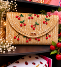 Cherry Embroidered Straw Clutch