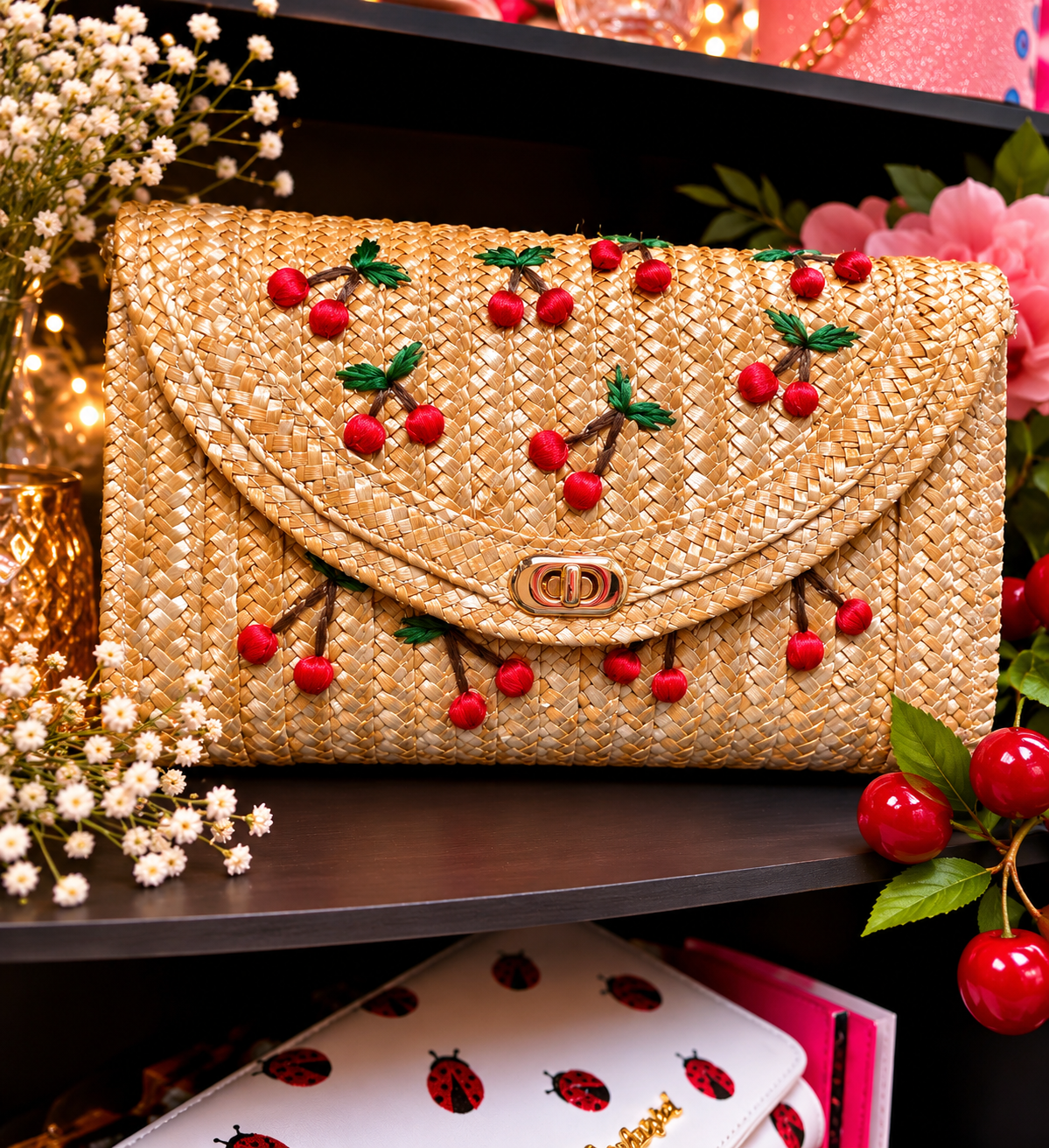 Cherry Embroidered Straw Clutch