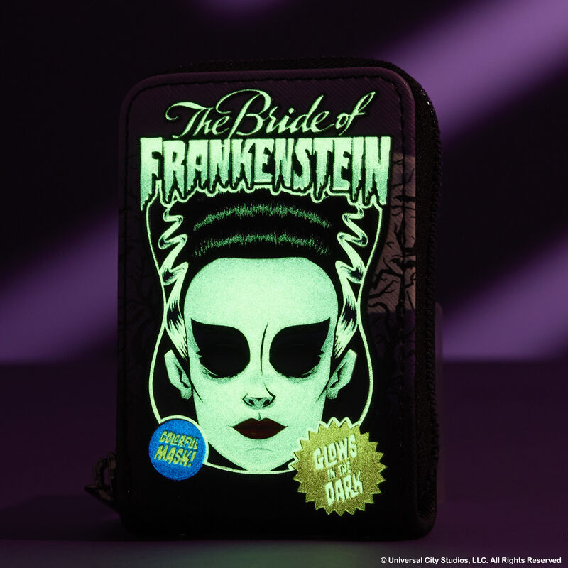 Universal Monsters Bride of Frankenstein Mask Glow Accordion Zip Around Wallet