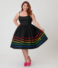 Unique Vintage Black & Rainbow Ribbon Bobbie Swing Dress