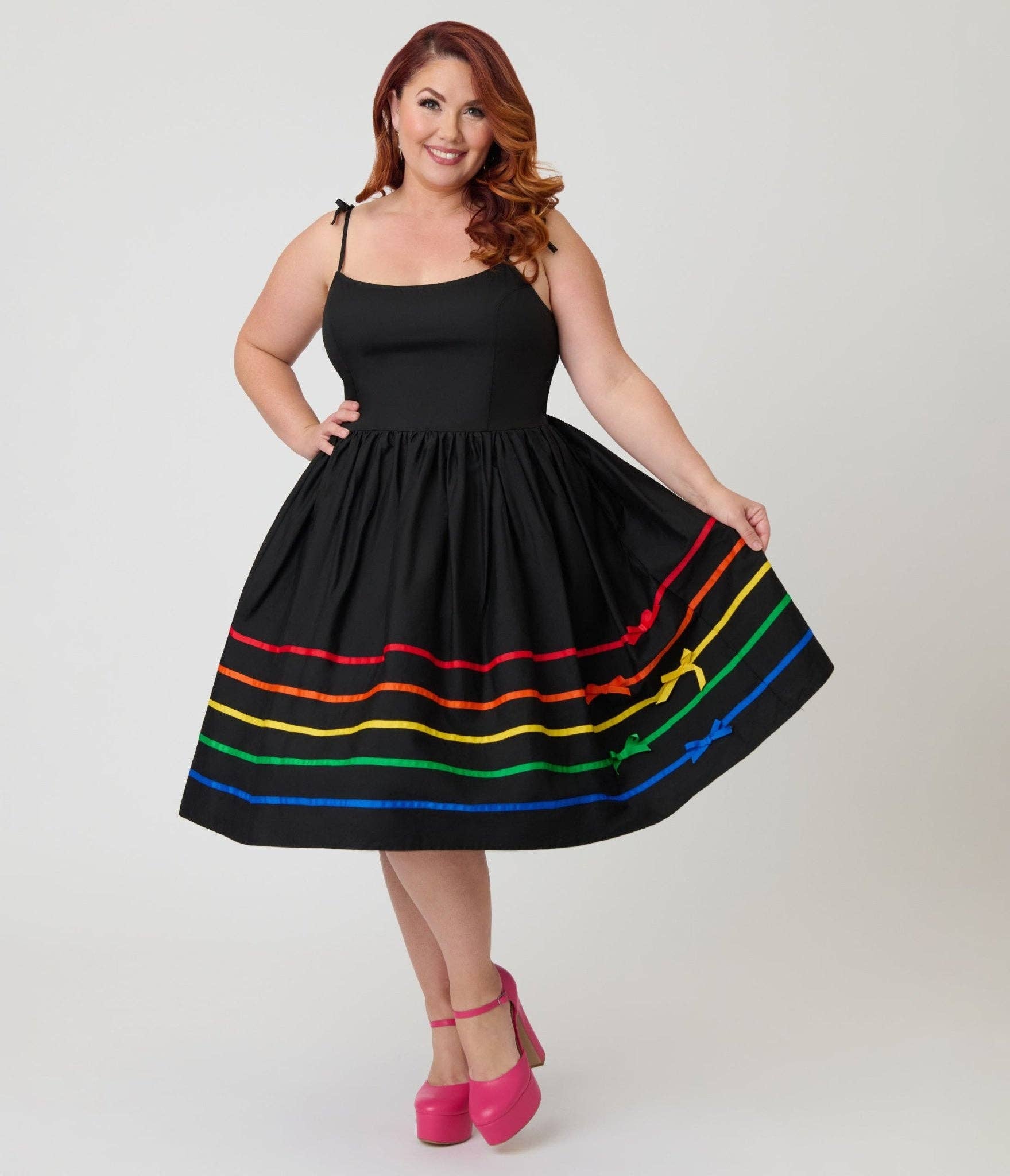 Unique Vintage Black & Rainbow Ribbon Bobbie Swing Dress