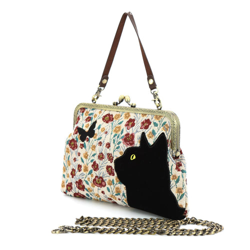Kisslock Bag in Linen + Cotton Blend Fabric - Black Cat