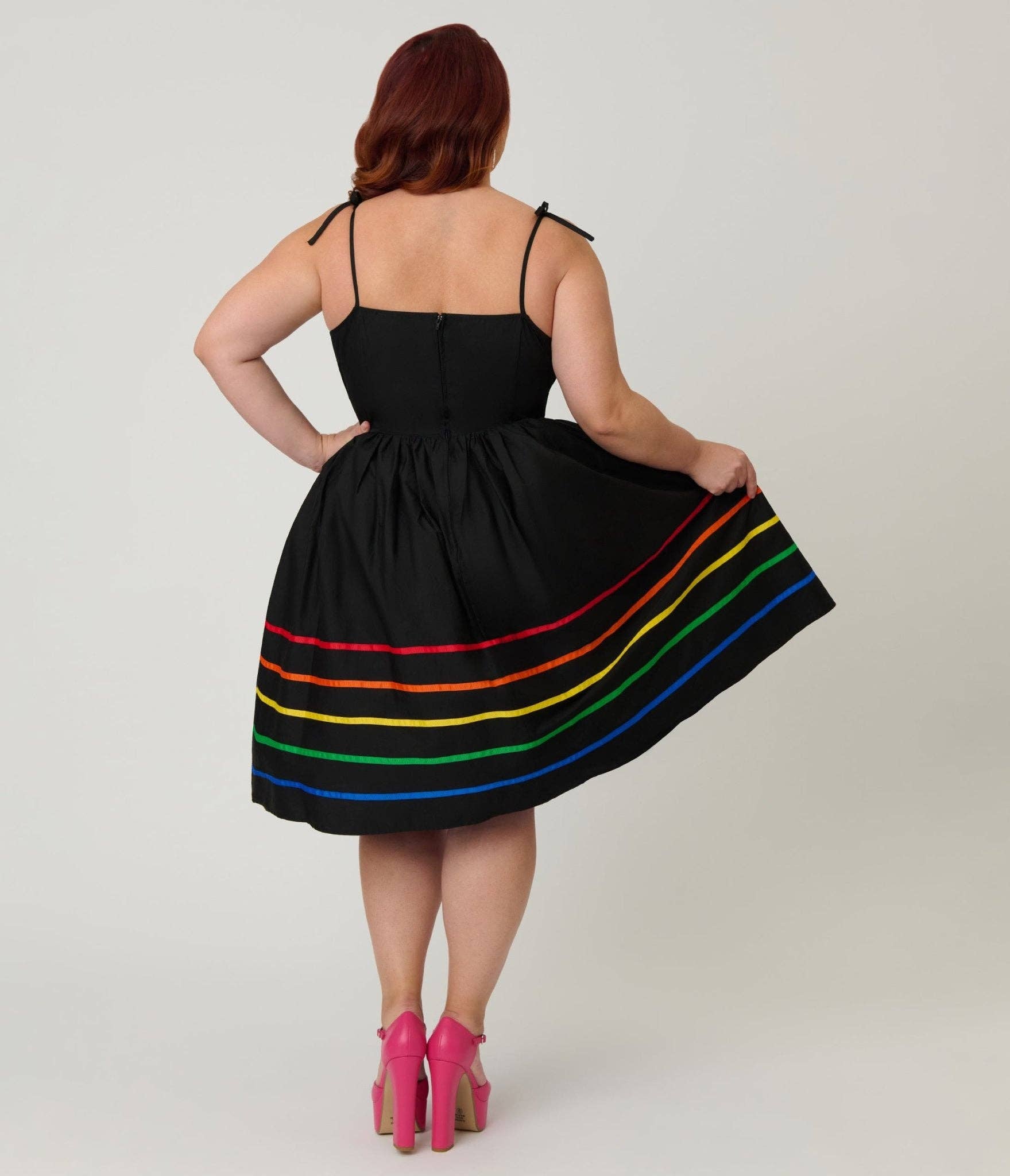 Unique Vintage Black & Rainbow Ribbon Bobbie Swing Dress